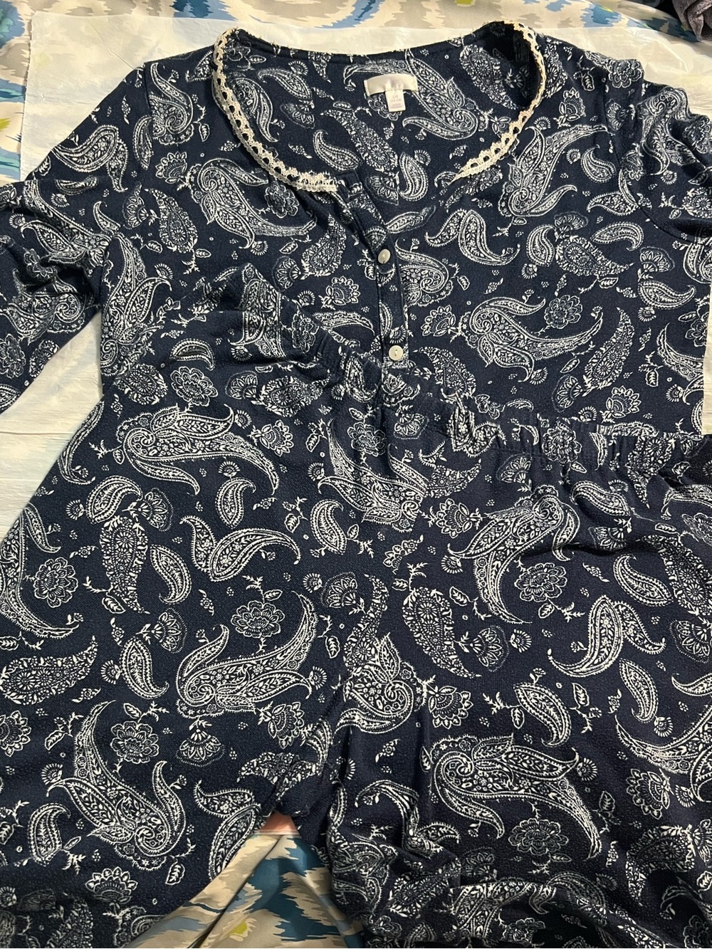 Secret Treasures Long Sleeve Button Up Top And Pants Navy Paisley Women's Pajama